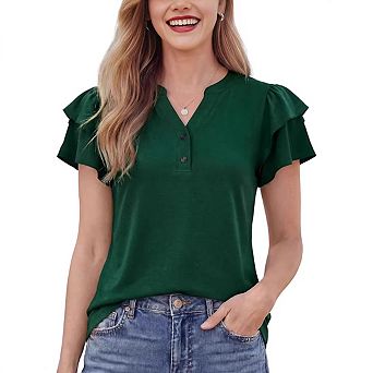 Women's Casual Henley Top V-Neck Button Down T-Shirt Double Layer Ruffle Sleeve Loose Fit Blouse