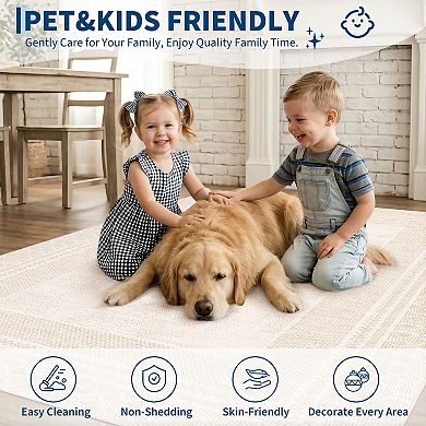Washable Area Rug for Living Room, Soft Bordered Ultra Thin Lightweight Carpet with Non Slip Backing