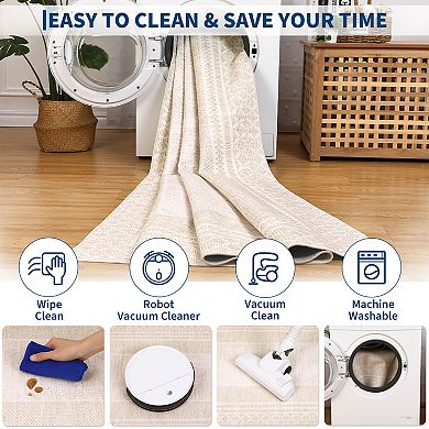 Washable Area Rug for Living Room, Soft Bordered Ultra Thin Lightweight Carpet with Non Slip Backing