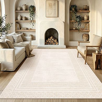 Washable Area Rug for Living Room, Soft Bordered Ultra Thin Lightweight Carpet with Non Slip Backing