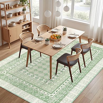 Bordered Washable Geometric Non Slip Area Rug Indoor Modern Low Pile Ultra Thin Under Table Carpet