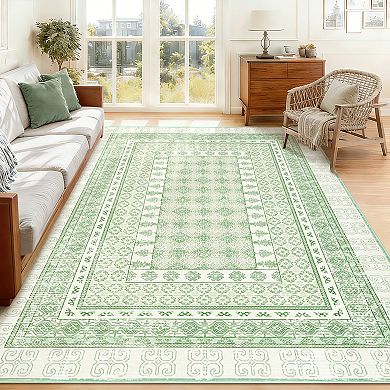 Bordered Washable Geometric Non Slip Area Rug Indoor Modern Low Pile Ultra Thin Under Table Carpet