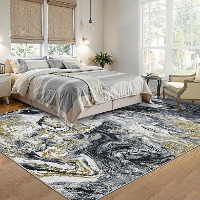 Abstract Machine Washable Rug with Rubber Backing Low Pile Non-Slip Stain-Resistant Foldable Carpet