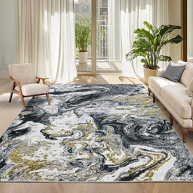 Abstract Machine Washable Rug with Rubber Backing Low Pile Non-Slip Stain-Resistant Foldable Carpet