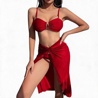 3 pc Bikini Set for Women Summer Beach Swimsuit Bottom with Cover Up Skirt Holiday Bathing Suit
