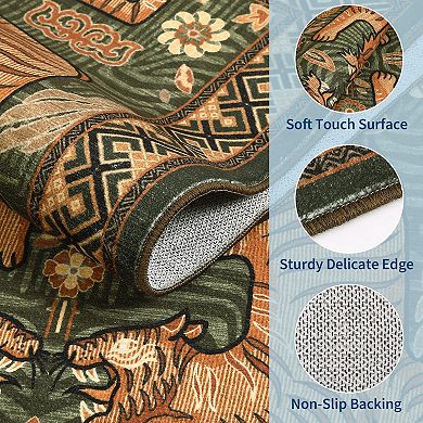 Vintage Tiger Machine Washable Rug with Rubber Backing Stain Resistant Foldable Non Slip Carpet