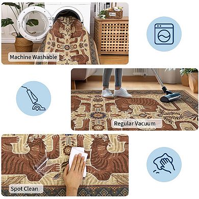 Vintage Tiger Machine Washable Rug with Rubber Backing Stain Resistant Foldable Non Slip Carpet