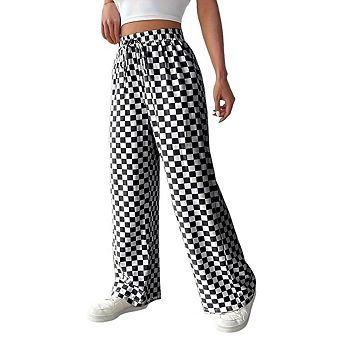 Women's Casual Straight Leg Plaid Pants Comfortable Loose Wide Leg Pants
