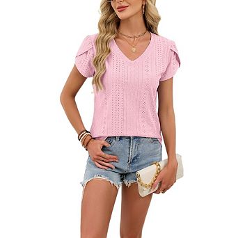Women's Solid Color V Neck Loose Short Sleeve Business Casual T Shirt