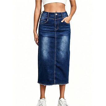 Women's Casual Denim Midi Skirt High-Waisted Straight Cut with Frayed Hem