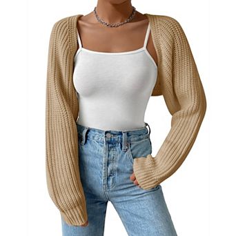 Women's Knit Bolero Shrug Solid Cropped Crochet Cardigan Long Sleeve Open Front Short Sweater