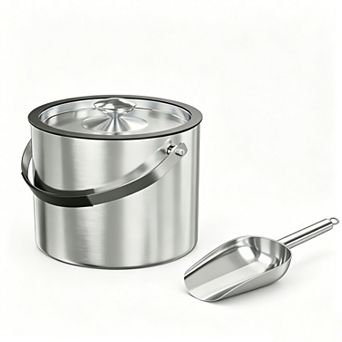 3L Stainless Steel Ice Bucket w/Silicone handle, Double Wall Insulated 304 Ice Pail with Ice Scoop