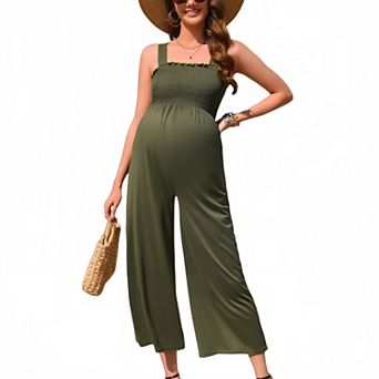 Women Maternity Casual Sleeveless Square Neck Smocked Wide Leg Jumpsuit
