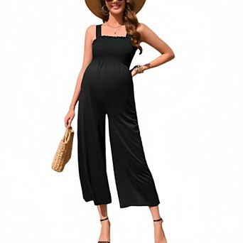 Women Maternity Casual Sleeveless Square Neck Smocked Wide Leg Jumpsuit