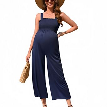 Women Maternity Casual Sleeveless Square Neck Smocked Wide Leg Jumpsuit