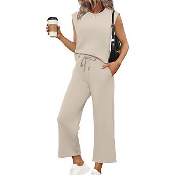 Women's Elegant 2 pc Summer Casual Loungewear Set Sleeveless Top Wide Leg Pants With Pockets