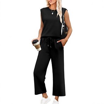 Women's Elegant 2 pc Summer Casual Loungewear Set Sleeveless Top Wide Leg Pants With Pockets