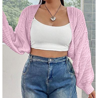 Women's Plus Size Cable Knit Batwing Sleeve Open Front Cropped Cardigan Shrug