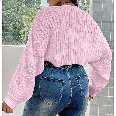 Women's Plus Size Cable Knit Batwing Sleeve Open Front Cropped Cardigan Shrug