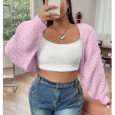 Women's Plus Size Cable Knit Batwing Sleeve Open Front Cropped Cardigan Shrug