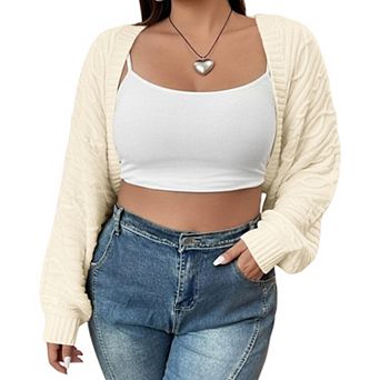 Women's Plus Size Cable Knit Batwing Sleeve Open Front Cropped Cardigan Shrug