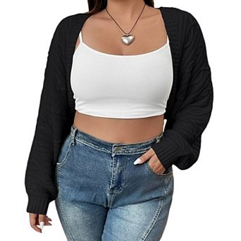 Women's Plus Size Cable Knit Batwing Sleeve Open Front Cropped Cardigan Shrug