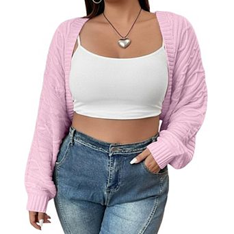 Women's Plus Size Cable Knit Batwing Sleeve Open Front Cropped Cardigan Shrug