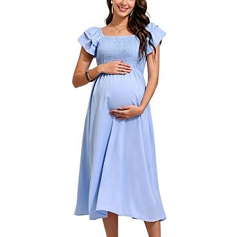 Women Maternity Casual Short Sleeve Square Neck Smocked Midi Dress