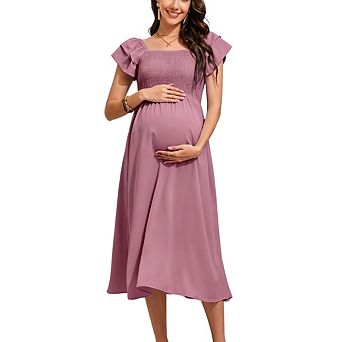 Women Maternity Casual Short Sleeve Square Neck Smocked Midi Dress