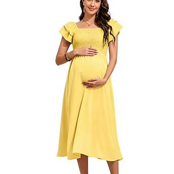 Women Maternity Casual Short Sleeve Square Neck Smocked Midi Dress