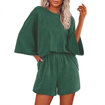 Womens 2 pc Loose Fit Round Neck Short Sleeve Top Elastic Shorts Oversized Pockets Loungewear Set