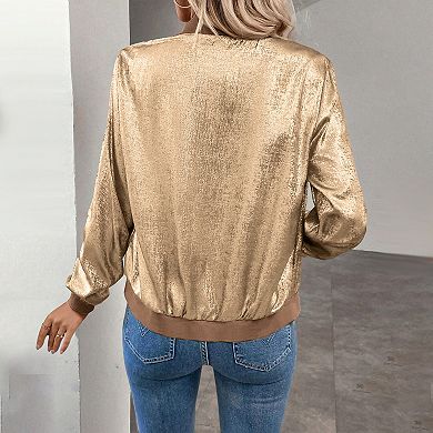 Women's Bomber Jacket Lightweight Zip Up Long Sleeve Jacket Casual Coat Outerwear