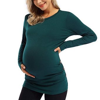 Women's Maternity Long Sleeve Smocked Button Top Casual Loose Pregnancy T‑Shirt Blouse
