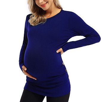 Women's Maternity Long Sleeve Smocked Button Top Casual Loose Pregnancy T‑Shirt Blouse