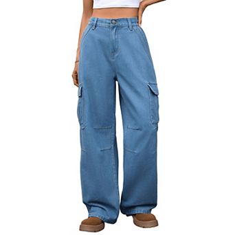 Women Cargo Denim Pants Wide Leg Casual Trousers with Pockets