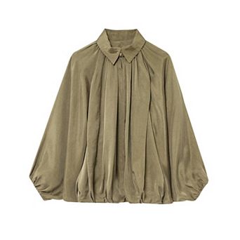 Womens Satin Puffed Jacket Oversized Batwing Sleeve Lapel Collar Pleated Zip Up Outerwear Shirts