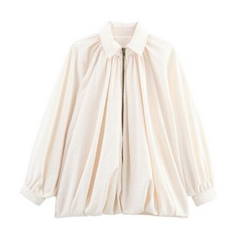 Womens Satin Puffed Jacket Oversized Batwing Sleeve Lapel Collar Pleated Zip Up Outerwear Shirts