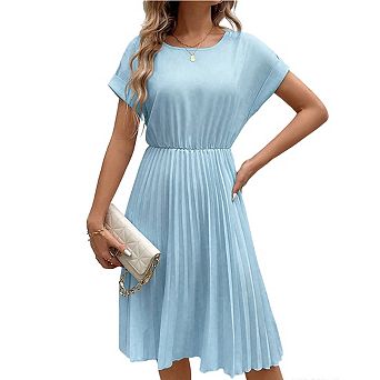 Women's Round Neck Pleated Midi Dress Cuffed Short Sleeve Elastic Waist Casual A-Line Dress