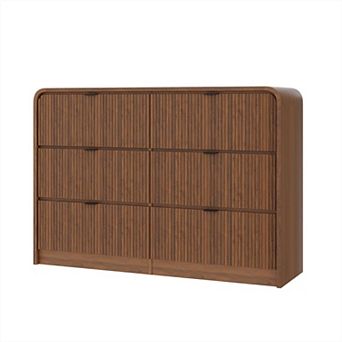 Modern Fluted Dresser with 6 Drawers, Tall Wide Wooden Chest of Drawers, Walnut for Living Room