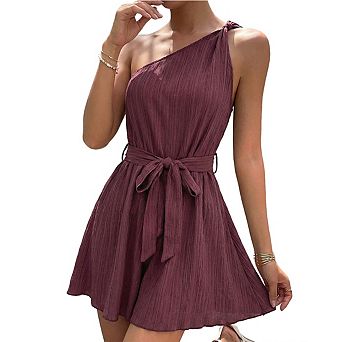 Women's One-Shoulder Belted Romper Crinkled Fabric Casual Sleeveless Playsuit