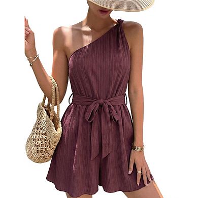 Women's One-Shoulder Belted Romper Crinkled Fabric Casual Sleeveless Playsuit