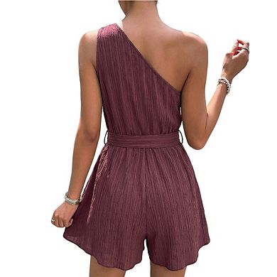Women's One-Shoulder Belted Romper Crinkled Fabric Casual Sleeveless Playsuit