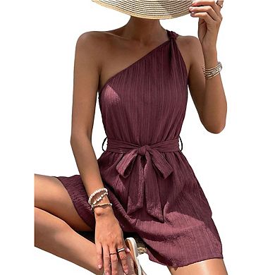 Women's One-Shoulder Belted Romper Crinkled Fabric Casual Sleeveless Playsuit
