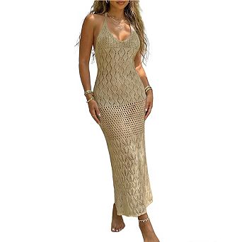 Women's Crochet Knit Halter Cover-Up Maxi Dress Semi-Sheer Beach Swimsuit Cover