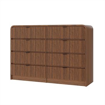 Fluted 8 Drawer Dresser, Modern Bedroom Dresser w/ Rounded Edge, Walnut Chest