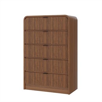 Modern Fluted Dresser w/ 5 Drawers, Tall Wide Wooden Chest, Walnut Color