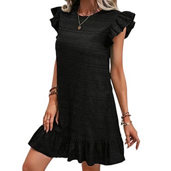 Ruffle Sleeve Shift Dress for Women Textured Knit Mini Dress with Ruffled Hem