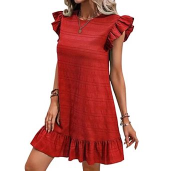 Ruffle Sleeve Shift Dress for Women Textured Knit Mini Dress with Ruffled Hem