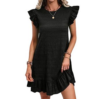 Women's Ruffle Sleeve Shift Dress Textured Knit Mini Dress with Ruffled Hem