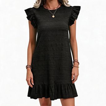 Women's Ruffle Sleeve Shift Dress, Textured Knit Casual Mini Dress with Ruffled Hem